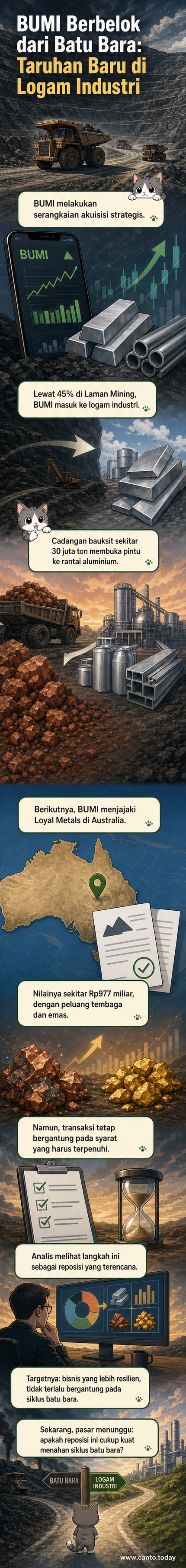Ilustrasi perusahaan tambang yang memperluas operasi dari batu bara ke logam strategis seperti bauksit, tembaga, dan emas, dengan peta dan diagram alur akuisisi.