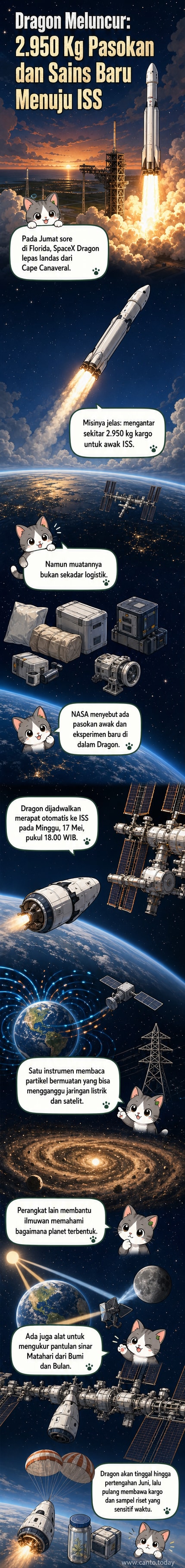 Ilustrasi wahana SpaceX Dragon meluncur dari Cape Canaveral menuju International Space Station di orbit Bumi, membawa kargo ilmiah dan pasokan.