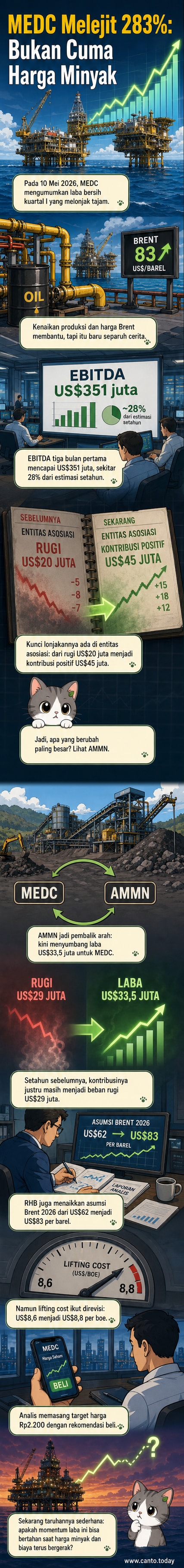 Ilustrasi grafik naik tajam dengan logo Medco Energi dan AMMN, menunjukkan lonjakan laba bersih 283% di kuartal I 2026.