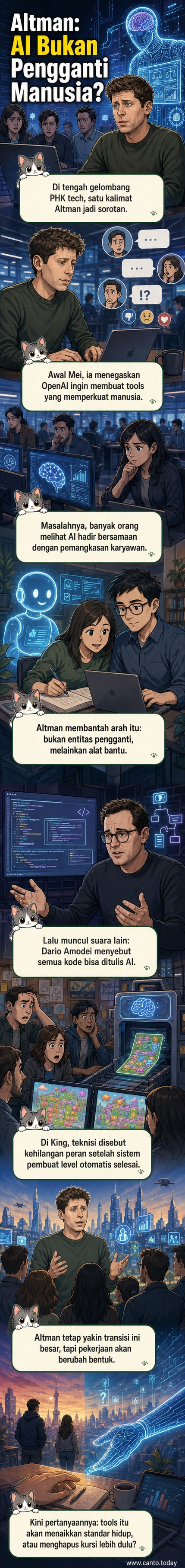 Ilustrasi wajah Sam Altman di samping antarmuka AI dengan teks 'AI untuk memperkuat manusia, bukan menggantikannya'.