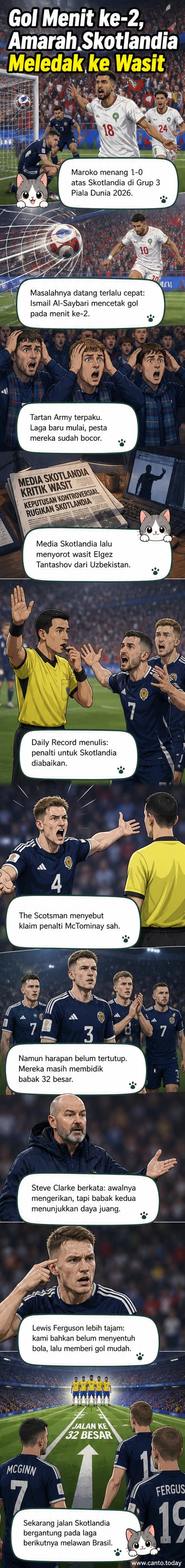 Ilustrasi pertandingan sepak bola antara Skotlandia dan Maroko di Piala Dunia, dengan wasit menjadi fokus utama setelah keputusan kontroversial.