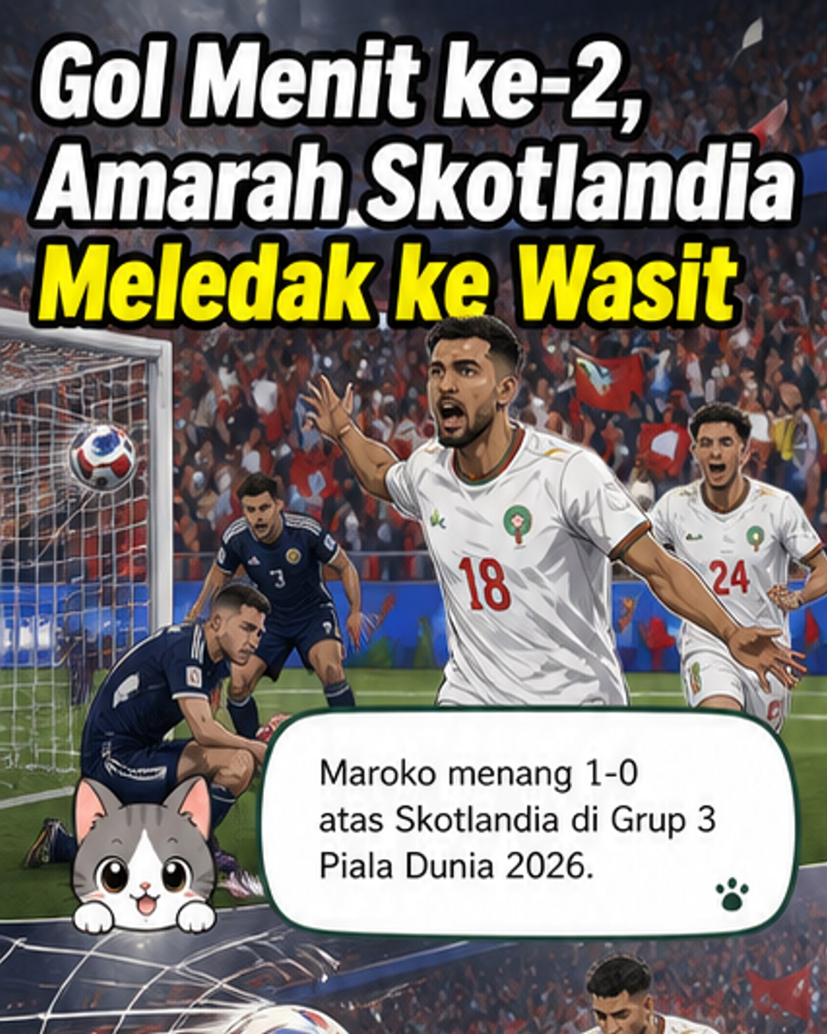 Ilustrasi pertandingan sepak bola antara Skotlandia dan Maroko di Piala Dunia, dengan wasit menjadi fokus utama setelah keputusan kontroversial.