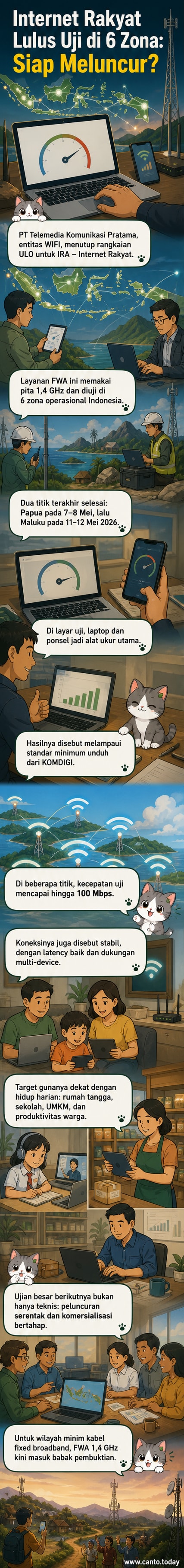 Ilustrasi jaringan internet nirkabel menjangkau wilayah perkotaan dan terpencil di Indonesia, dengan simbol sinyal dan ponsel di tangan masyarakat dari berbagai latar belakang.