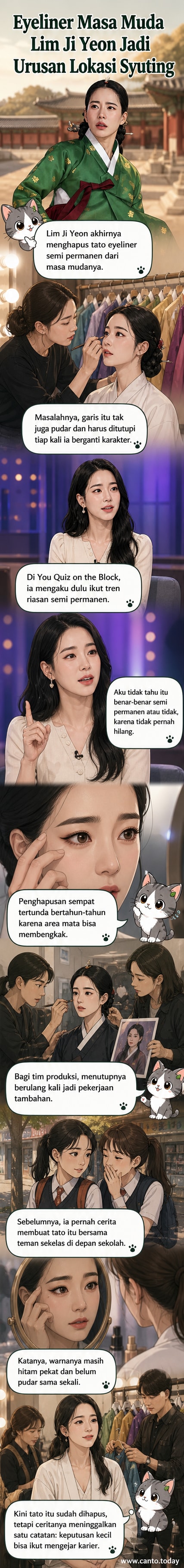 Ilustrasi aktris Lim Ji Yeon dengan close-up area mata, menunjukkan proses penghapusan tato eyeliner semi permanen.