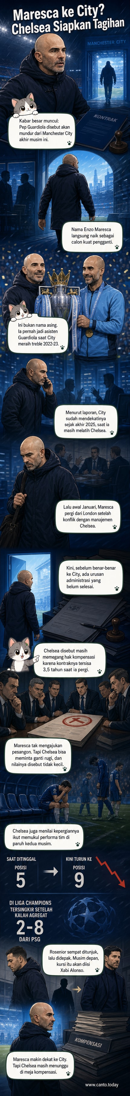Ilustrasi dua pelatih berdiri di tengah lapangan, satu memakai seragam Manchester City, satunya Chelsea, dengan latar stadion penuh penonton.