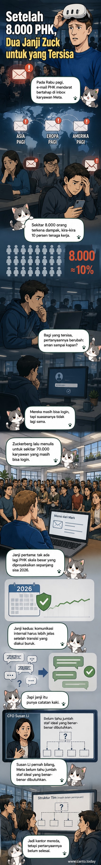 Ilustrasi kantor kosong dengan layar komputer menyala dan email 'Terima kasih atas kontribusimu' terpampang, simbolis dari PHK massal di Meta.