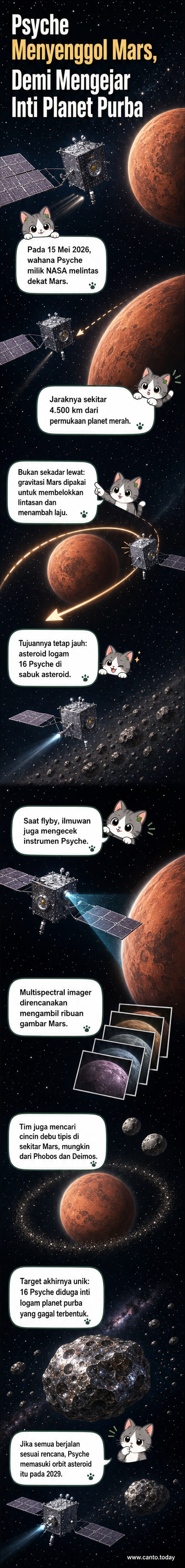 Ilustrasi wahana antariksa Psyche terbang dekat Mars, dengan latar belakang tata surya dan lintasan orbit menuju sabuk asteroid.