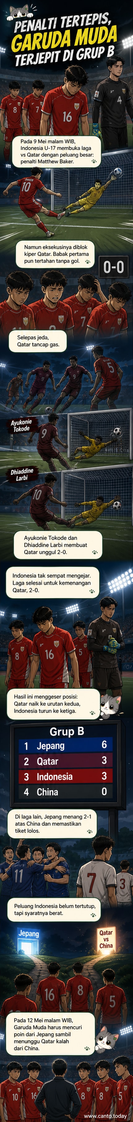 Ilustrasi pertandingan sepakbola Timnas Indonesia U-17 vs Qatar di Piala Asia U-17 2026, dengan pemain berebut bola di lapangan hijau malam hari.