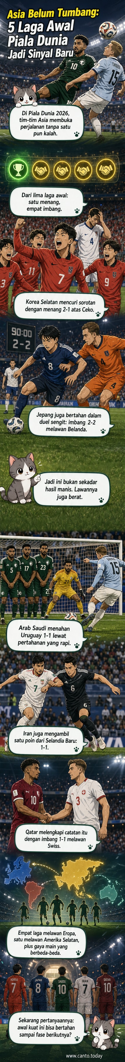 Ilustrasi lima tim nasional Asia — Korea Selatan, Jepang, Arab Saudi, Iran, dan Qatar — berdiri bersama di lapangan sepak bola dengan latar belakang stadion Piala Dunia yang ramai.