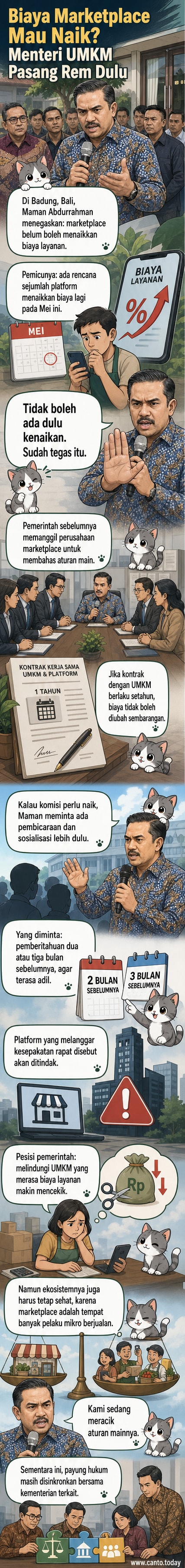 Ilustrasi dua pihak berhadapan: pelaku UMKM kecil di satu sisi dan logo marketplace besar di sisi lain, dengan tanda larangan merah di tengahnya.