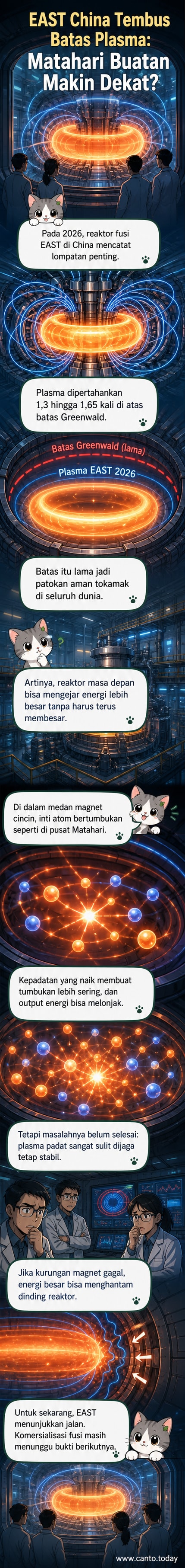 Ilustrasi reaktor fusi nuklir EAST di Tiongkok dengan plasma bercahaya biru terperangkap dalam medan magnet, latar laboratorium futuristik.