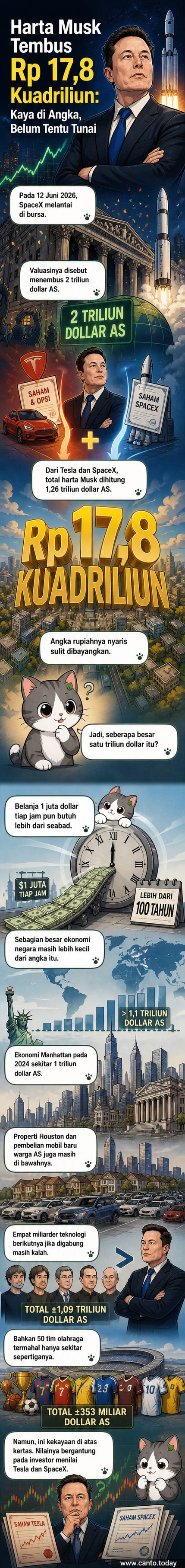 Ilustrasi Elon Musk berdiri di atas globe dengan angka Rp 17,8 kuadriliun mengambang di atasnya, simbol kekayaan yang melebihi PDB banyak negara.