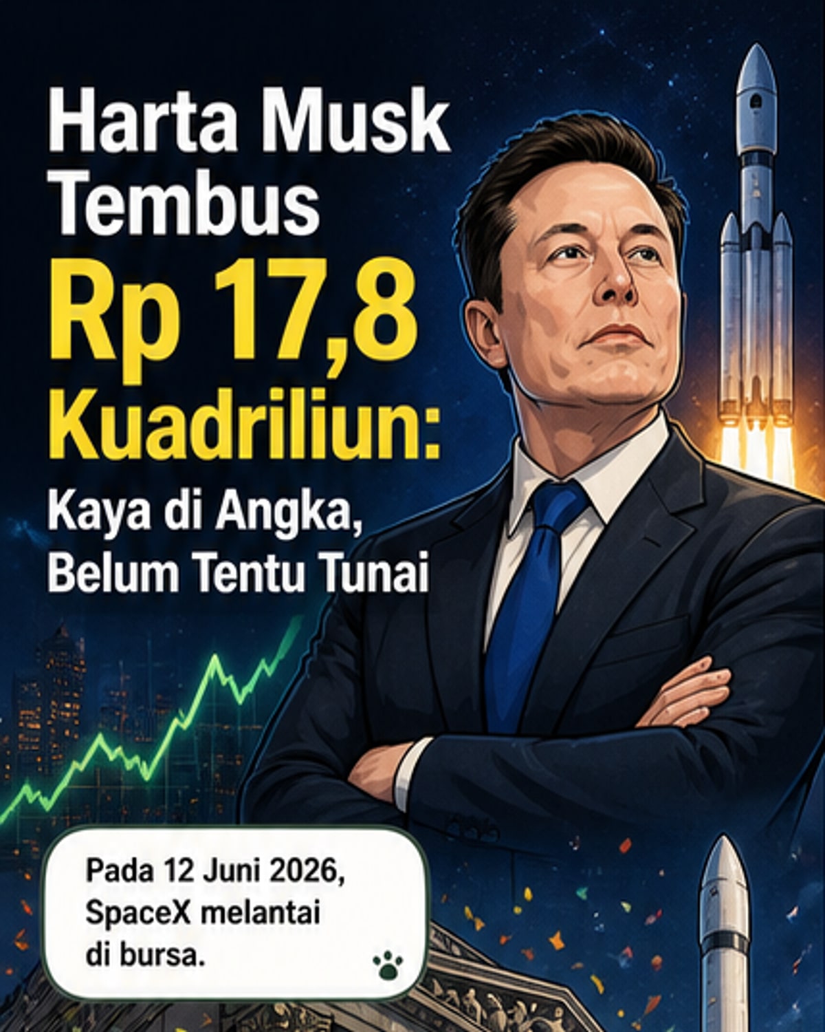 Ilustrasi Elon Musk berdiri di atas globe dengan angka Rp 17,8 kuadriliun mengambang di atasnya, simbol kekayaan yang melebihi PDB banyak negara.