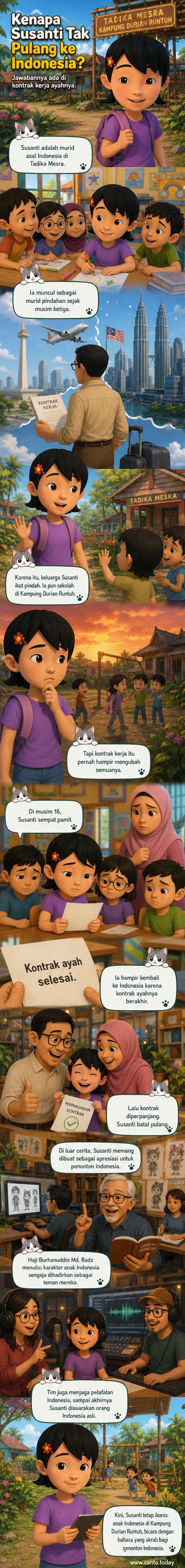 Ilustrasi karakter Susanti dari serial Upin & Ipin, anak perempuan berambut pendek dengan jepit bunga, berdiri di depan papan tulis di kelas Tadika Mesra.