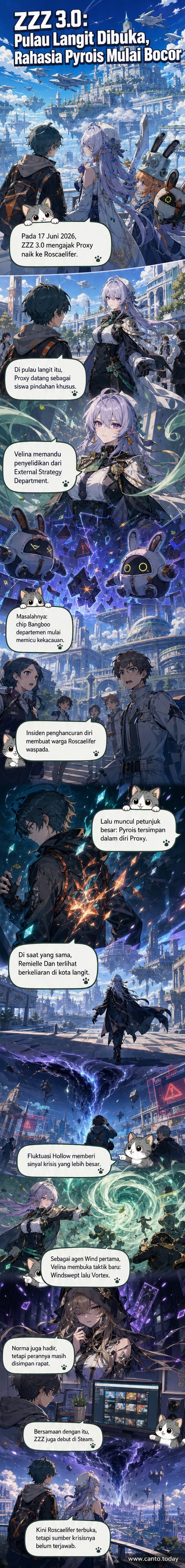 Ilustrasi adegan dari Zenless Zone Zero 3.0 menampilkan pulau langit Roscaelifer dengan karakter Velina dan Proxy berdiri di tepi tebing, latar belakang energi Pyrois menyala merah jingga di langit.