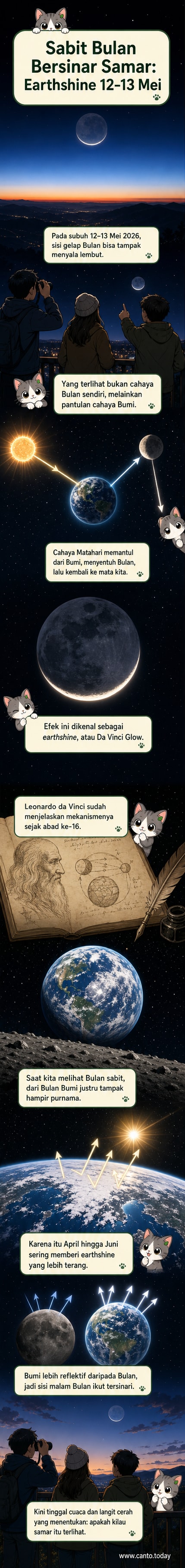 Ilustrasi Bulan sabit tipis dengan sisi gelapnya tampak redup menyala karena pantulan cahaya dari Bumi, di langit subuh yang gelap.