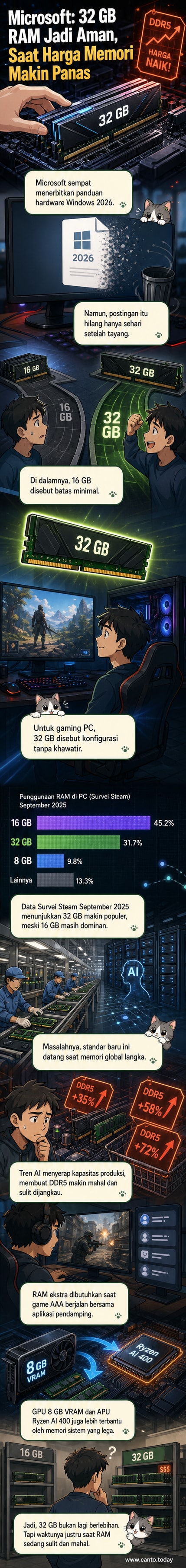 Ilustrasi PC gaming dengan RAM besar, menunjukkan transisi dari RAM 8 GB ke 32 GB sebagai standar baru di tengah krisis kelangkaan memori global.