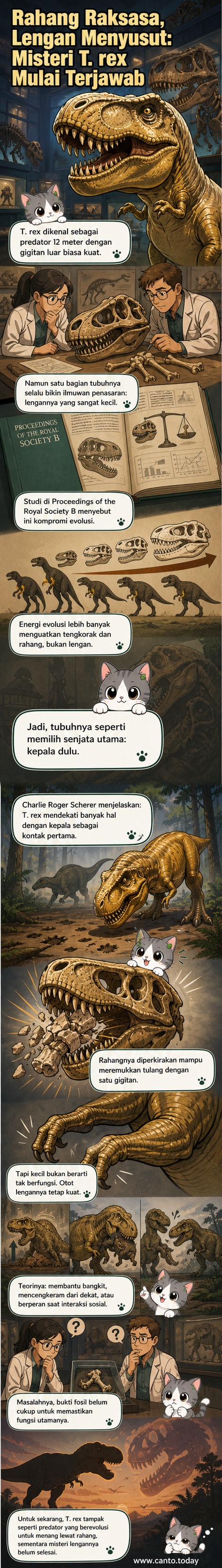 Ilustrasi Tyrannosaurus rex dengan tubuh besar, rahang menganga, dan lengan kecil di depan dada, latar hutan purba.