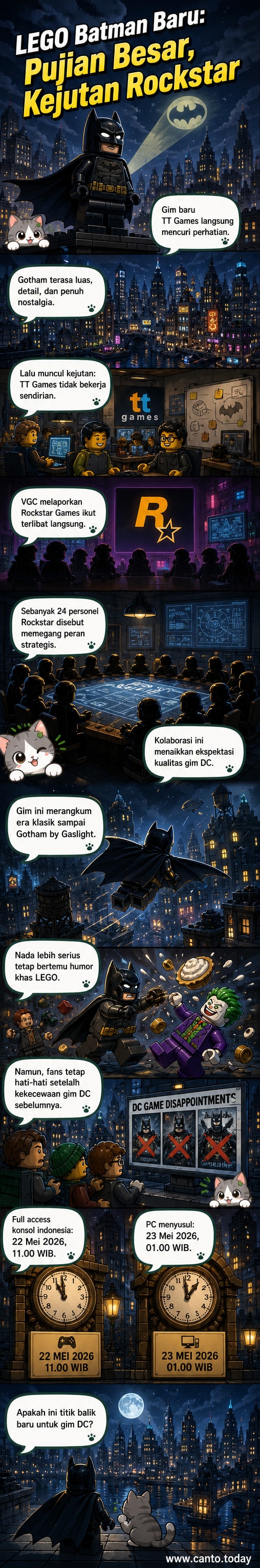 Ilustrasi adegan dari gim LEGO Batman: Legacy of the Dark Knight menunjukkan Batman berdiri di atap gedung Gotham malam hari, mengenakan Batsuit bergaya steampunk, dengan latar balok LEGO dan siluet musuh di kejauhan.