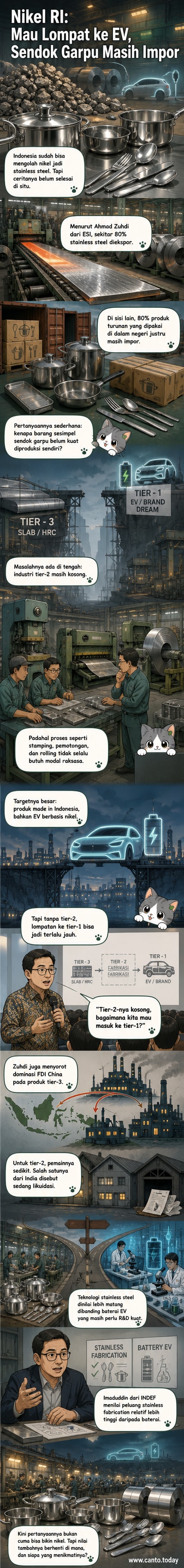 Ilustrasi rantai pasok nikel Indonesia yang menunjukkan ekspor slab dan HRC, sementara impor produk stainless steel jadi, dengan latar pabrik dan kontainer.