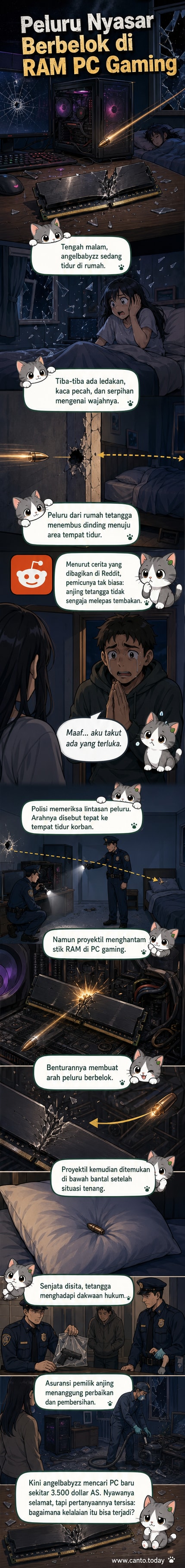 Ilustrasi peluru nyasar menembus dinding dan terhenti oleh stik RAM di dalam casing PC gaming yang hancur.