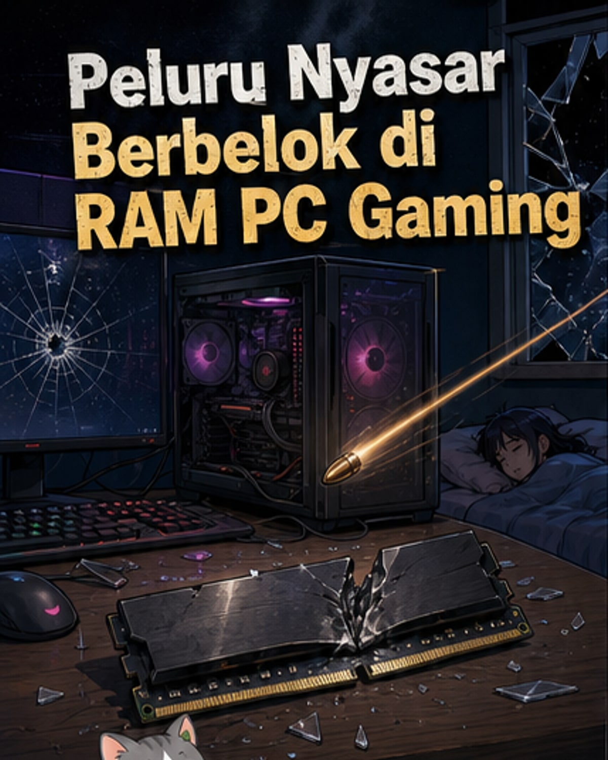 Ilustrasi peluru nyasar menembus dinding dan terhenti oleh stik RAM di dalam casing PC gaming yang hancur.