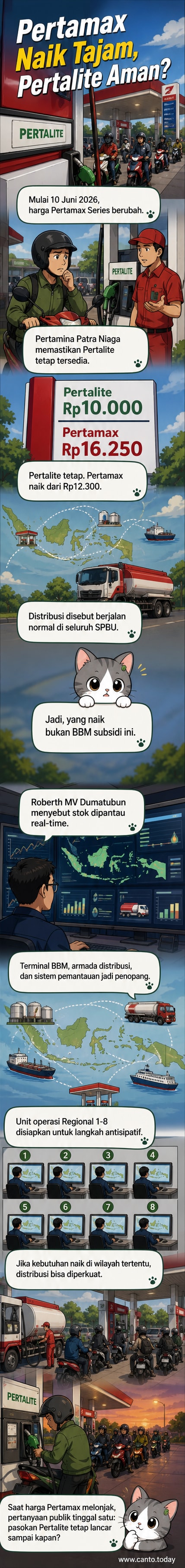 Ilustrasi pompa bensin dengan harga BBM terpampang, menunjukkan kenaikan harga Pertamax sementara Pertalite tetap stabil.