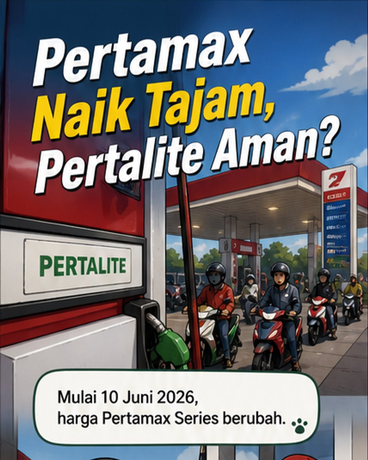 Ilustrasi pompa bensin dengan harga BBM terpampang, menunjukkan kenaikan harga Pertamax sementara Pertalite tetap stabil.