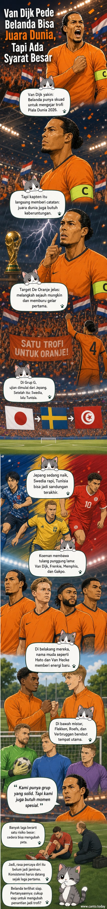 Ilustrasi Virgil van Dijk memimpin skuad Belanda di Piala Dunia 2026, dengan latar stadion dan jersey tim nasional.