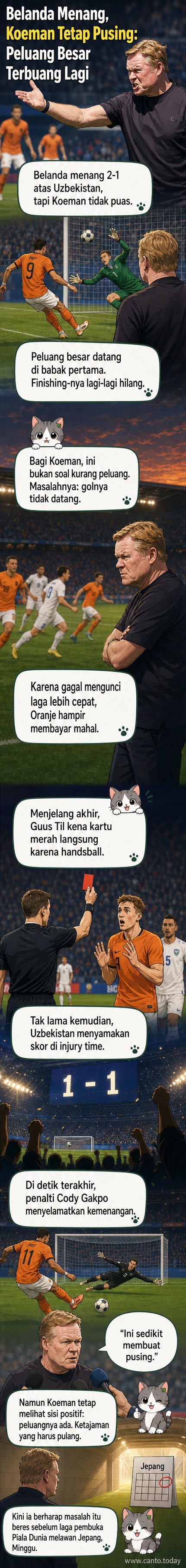 Pelatih Ronald Koeman berdiri di pinggir lapangan dengan ekspresi khawatir, sementara pemain Belanda berlatih di latar belakang.