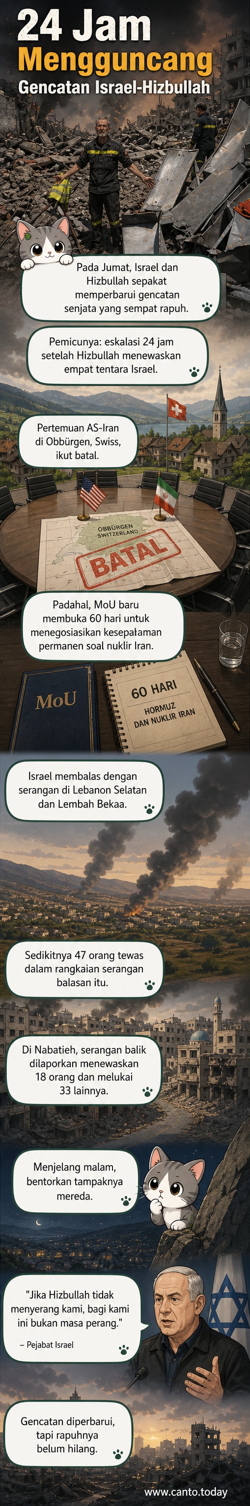 Ilustrasi bentrokan antara Israel dan Hizbullah di perbatasan Lebanon, dengan ledakan dan pesawat tempur di langit, diikuti simbol gencatan senjata.