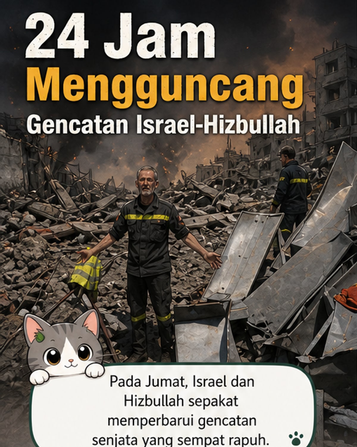 Ilustrasi bentrokan antara Israel dan Hizbullah di perbatasan Lebanon, dengan ledakan dan pesawat tempur di langit, diikuti simbol gencatan senjata.