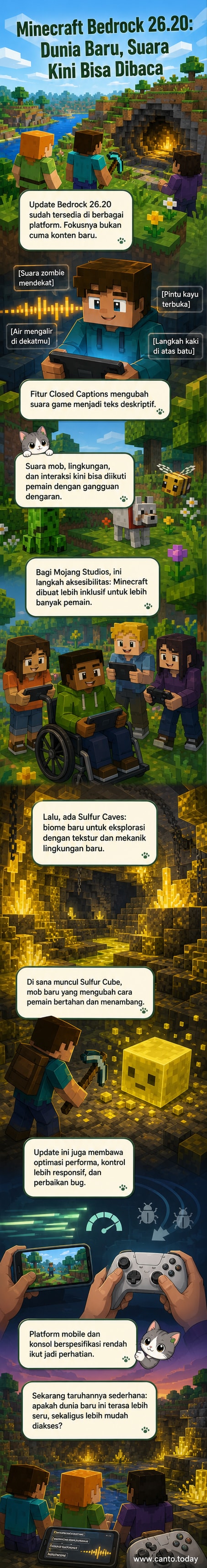 Ilustrasi karakter Minecraft berdiri di depan gua sulfur bercahaya, dengan teks deskriptif muncul dari suara kelelawar dan ledakan di sekitarnya, menunjukkan fitur subtitle baru.