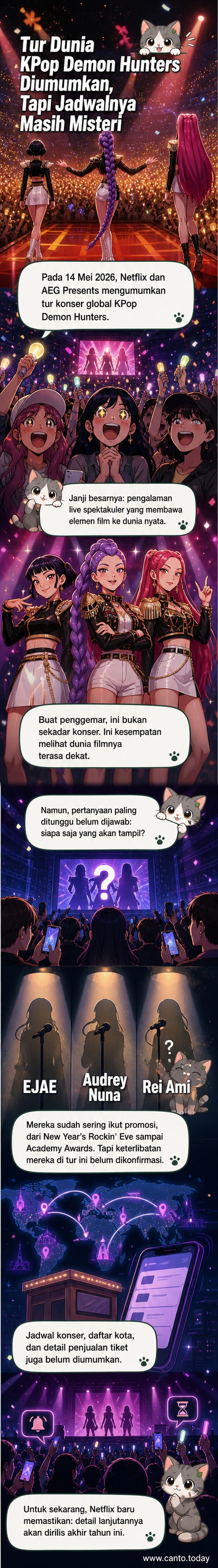 Poster resmi KPop Demon Hunters dengan latar panggung konser spektakuler, menandai tur dunia yang diumumkan Netflix.