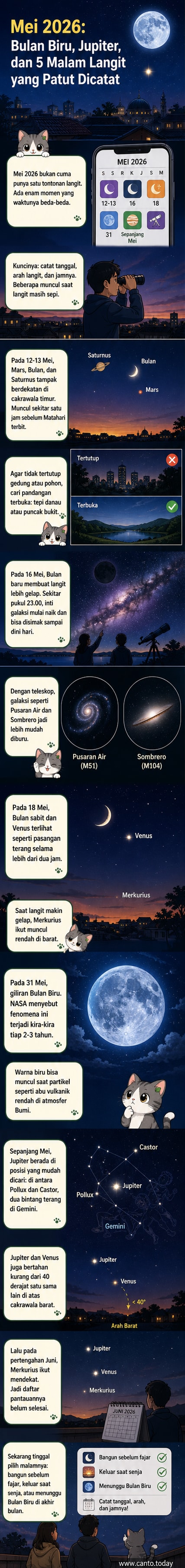 Ilustrasi langit malam dengan Bulan Biru, Jupiter terang, dan lintasan planet-planet dalam konstelasi rasi bintang, disertai keterangan tanggal dan nama fenomena.