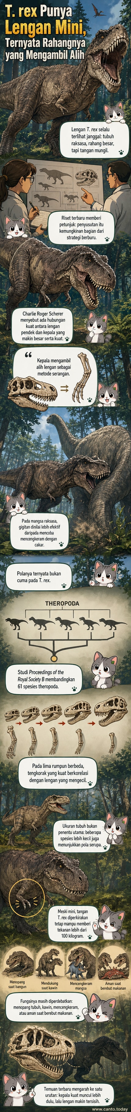Ilustrasi Tyrannosaurus rex dengan rahang besar dan lengan pendek, menunjukkan kontras anatomi evolusioner.