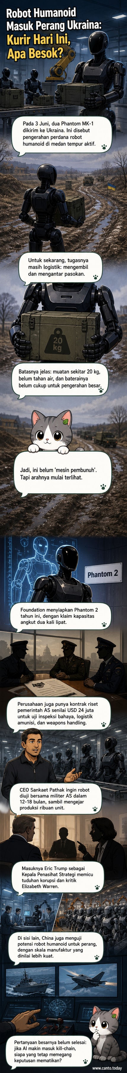 Ilustrasi robot humanoid berwarna putih dan abu-abu berjalan di medan perang salju Ukraina, membawa kardus pasokan di kedua lengannya.