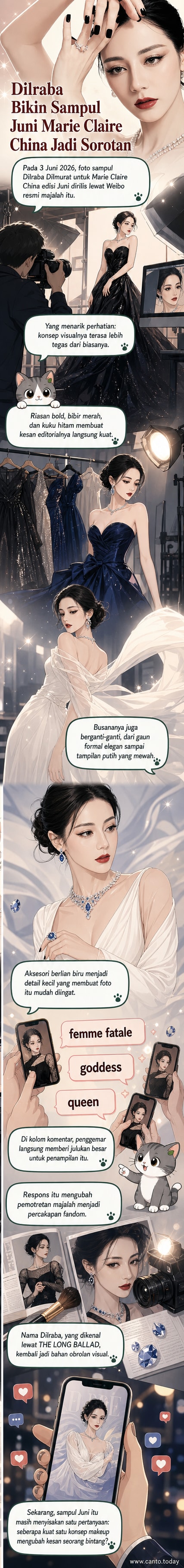 Dilraba Dilmurat tampil anggun dengan riasan bold dan gaun mewah berhias berlian biru di sampul majalah Marie Claire edisi Juni 2026.
