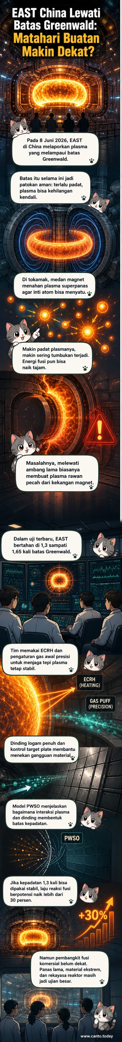 Ilustrasi reaktor fusi berbentuk donat dengan plasma menyala di tengah, dikelilingi medan magnet, dan simbol energi bersih.