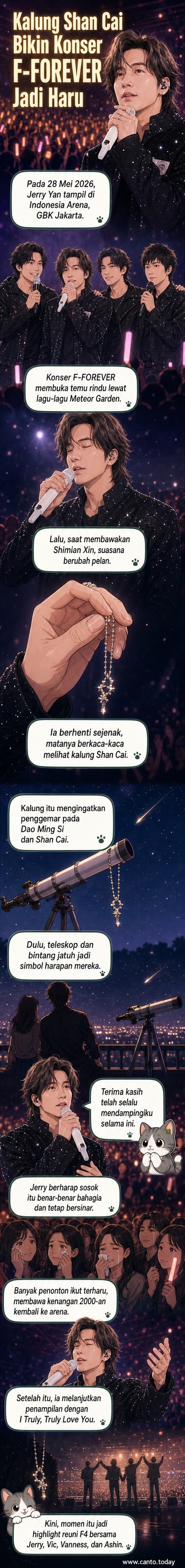 Jerry Yan memegang kalung di panggung konser F-FOREVER, dengan teleskop di latar belakang, mengenang Barbie Hsu dari Meteor Garden