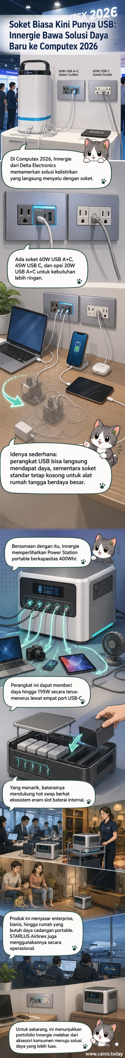 Tampilan visual soket listrik Innergie dengan port USB terintegrasi dan power station portabel 400Whr yang dipamerkan di stan Computex 2026.