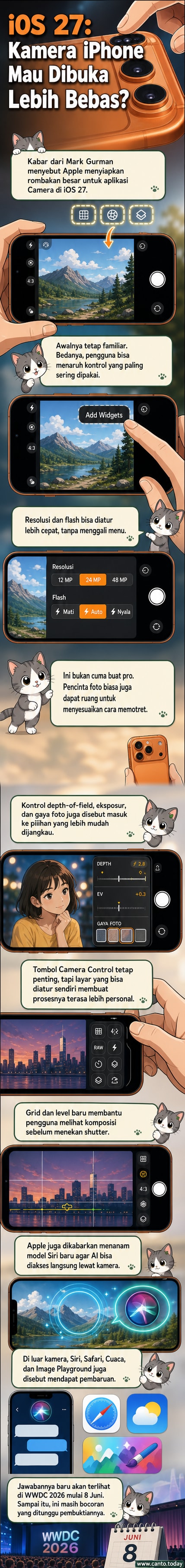 Ilustrasi ponsel iPhone dengan antarmuka kamera yang bisa disesuaikan, menunjukkan widget dan kontrol AI yang muncul di layar.