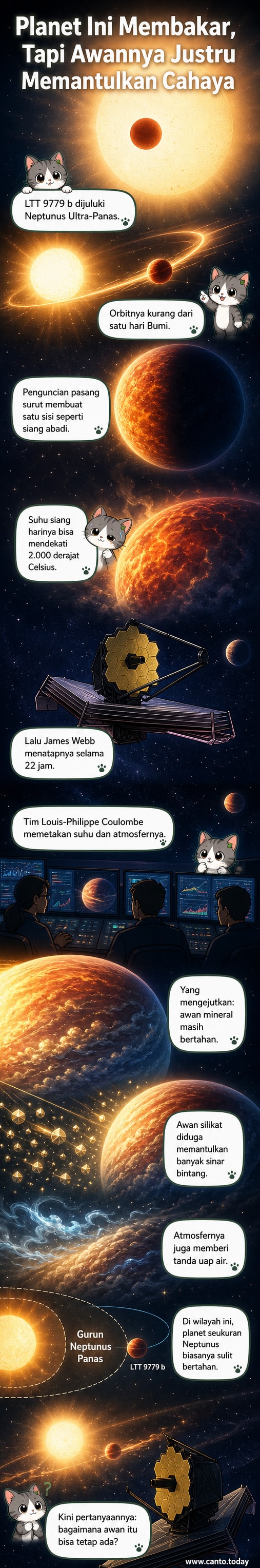 Ilustrasi planet LTT 9779 b dengan sisi siang yang terang dan awan reflektif di bagian barat, mengorbit dekat bintangnya dengan latar belakang ruang angkasa.