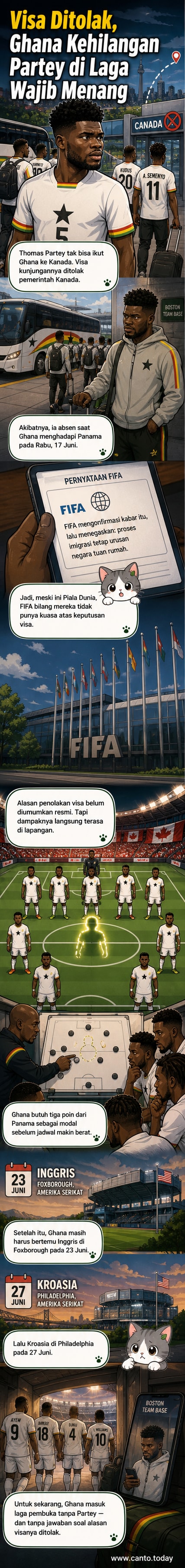 Ilustrasi pemain sepak bola Thomas Partey mengenakan seragam timnas Ghana, tampak kecewa dengan dokumen visa yang ditolak, latar belakang patung Liberty dan peta Kanada-AS.