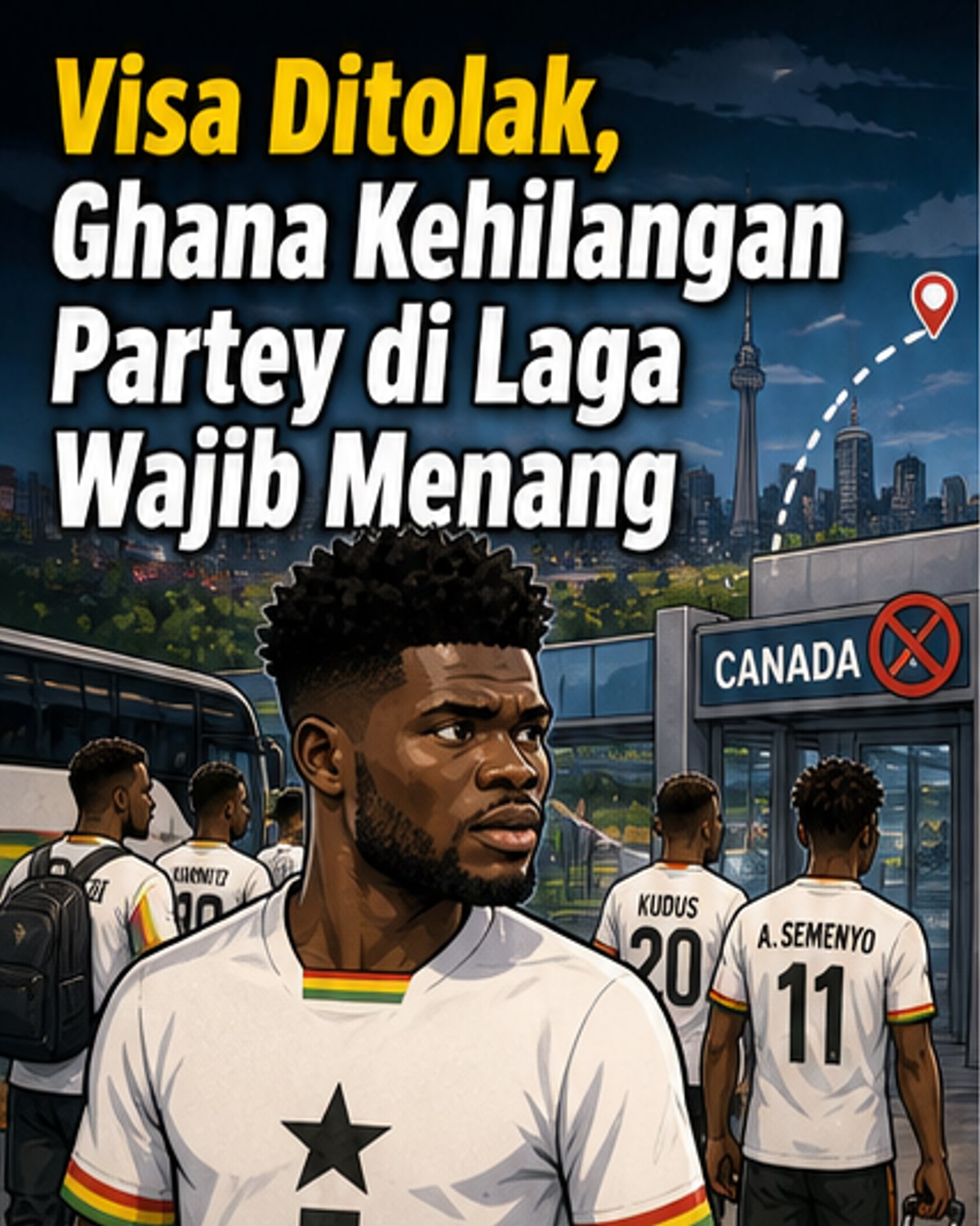 Ilustrasi pemain sepak bola Thomas Partey mengenakan seragam timnas Ghana, tampak kecewa dengan dokumen visa yang ditolak, latar belakang patung Liberty dan peta Kanada-AS.