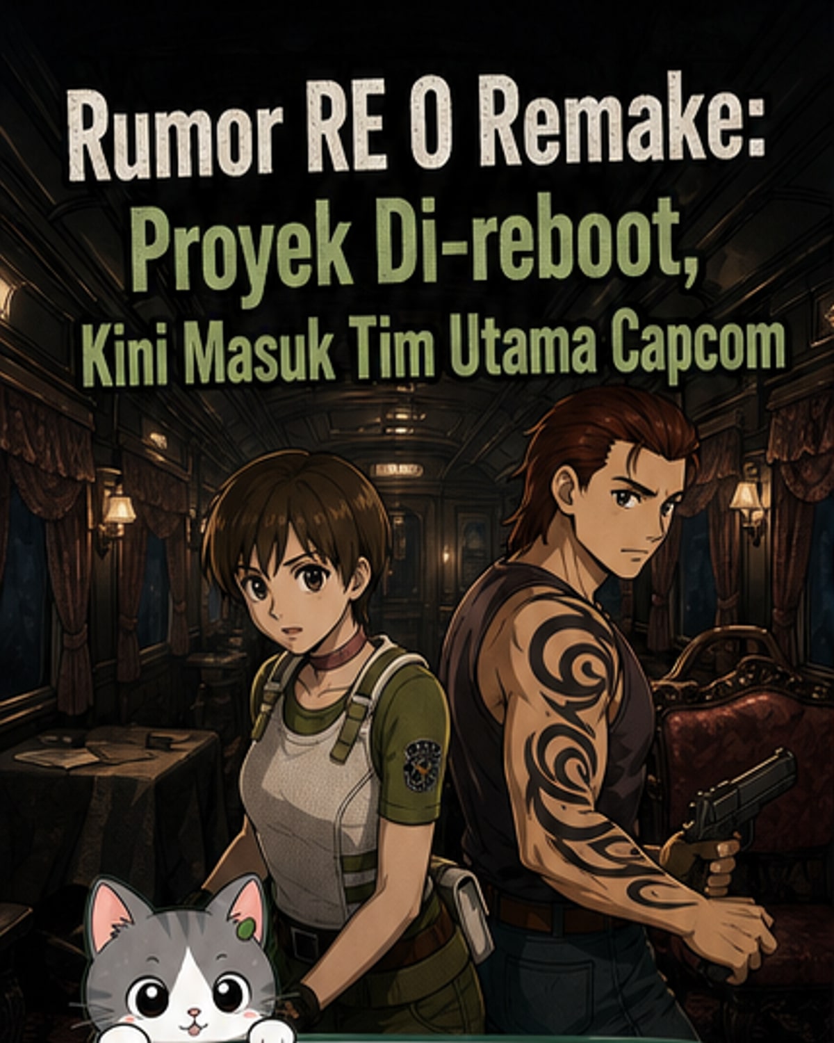 Ilustrasi dua karakter utama Resident Evil 0, Rebecca Chambers dan Billy Coen, dengan latar laboratorium bawah tanah dan siluet dinosaurus T-Rex, menunjukkan nuansa horor klasik seri ini.