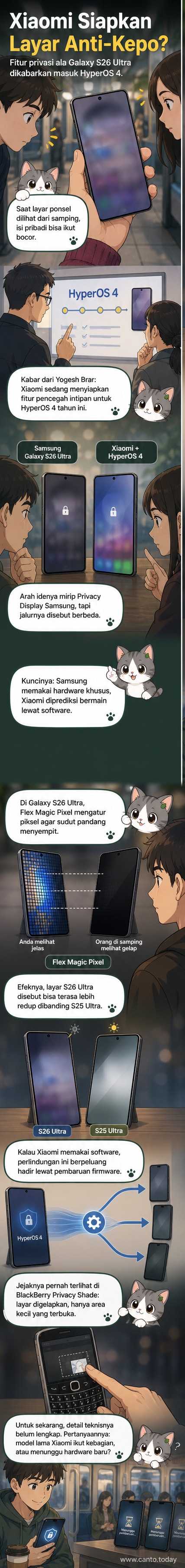 Ilustrasi dua ponsel berdampingan, satu menunjukkan layar yang terlihat jelas dari samping, satunya lagi dengan area layar yang gelap kecuali di bawah sentuhan jari, menggambarkan fitur privacy display.
