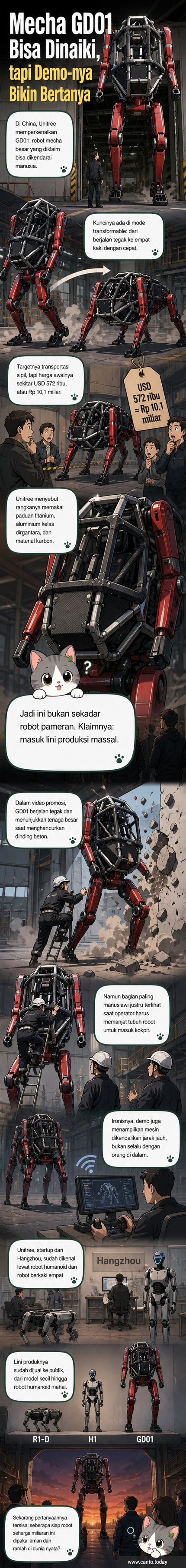 Robot mecha besar berdiri tegak di area terbuka, siap berjalan dengan dua kaki, dengan latar belakang pabrik modern