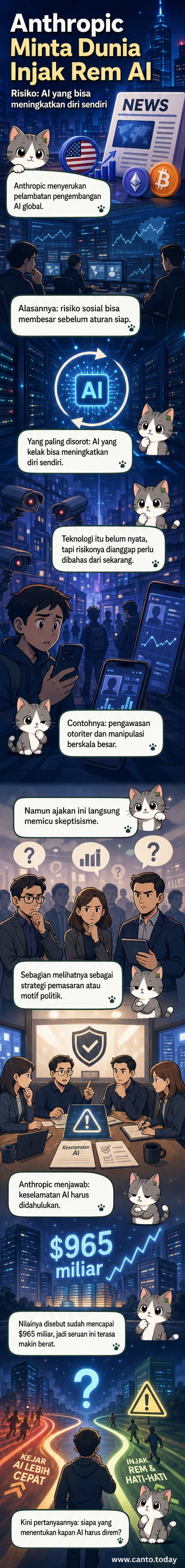 Ilustrasi perusahaan teknologi besar meminta jeda pada mesin AI yang terus berkembang, dengan simbol peringatan dan tanda seru di latar belakang digital.