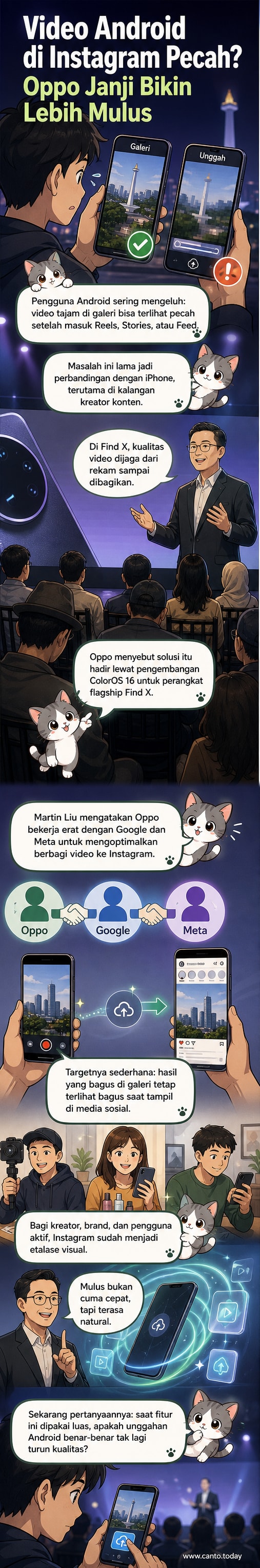 Ilustrasi ponsel Oppo mengunggah video ke Instagram dengan kualitas tetap tajam, tanpa pecah atau kehilangan warna.